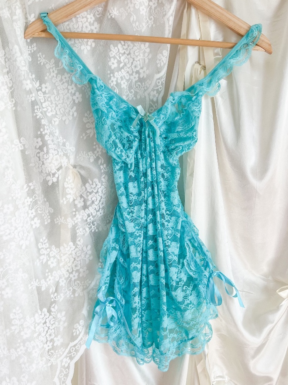Y2K Playboy Aqua Lace Ruched Babydoll Mini Dress Coquette Fairy